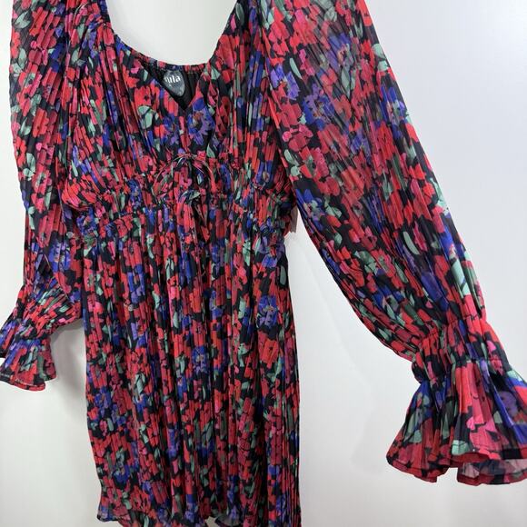 Arula New Black Floral Pleated Mini Dress 1X Long Balloon Sleeve Ruffle Cuffs - Picture 7 of 15